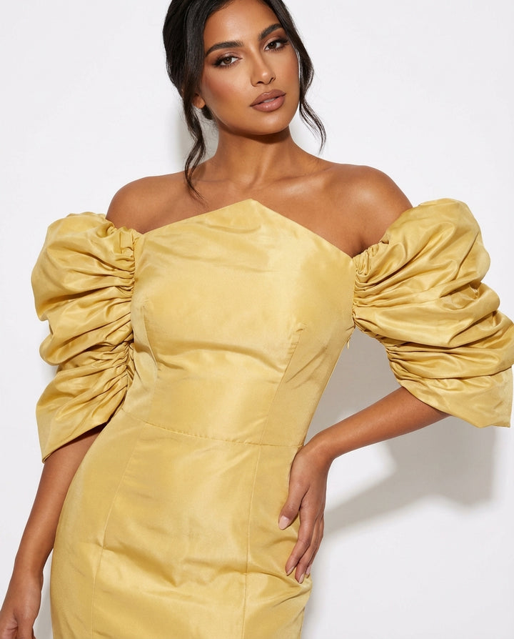 off-shoulder satin mermaid maxi dress with puff sleeves – AURELIA