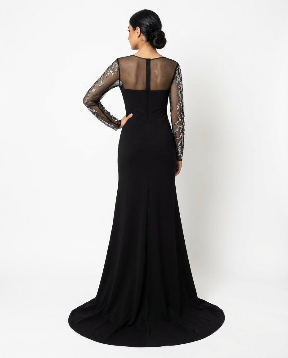 long-sleeve embellished mesh maxi dress with fitted silhouette – NOIRÉ