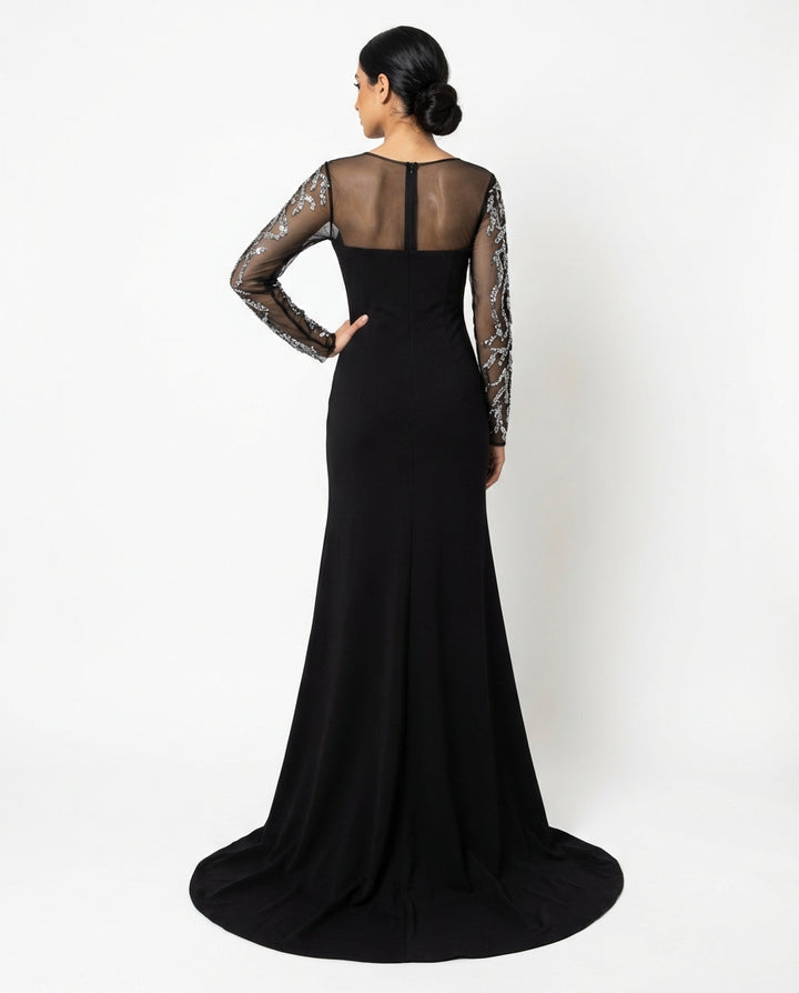long-sleeve embellished mesh maxi dress with fitted silhouette – NOIRÉ