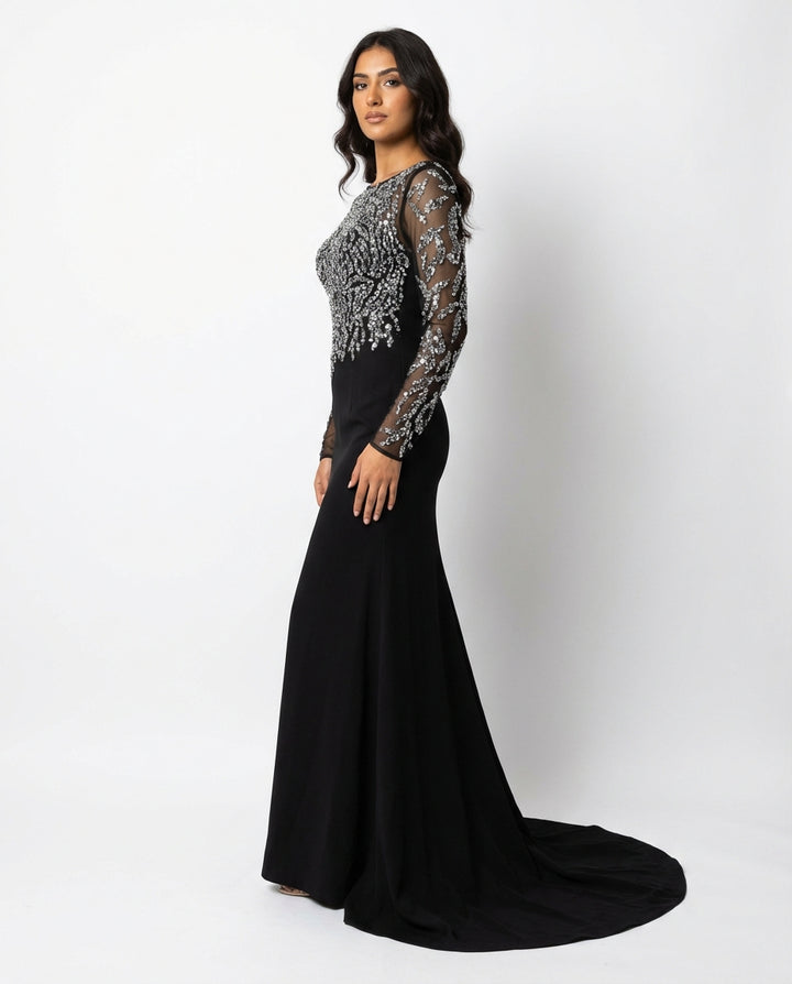 long-sleeve embellished mesh maxi dress with fitted silhouette – NOIRÉ