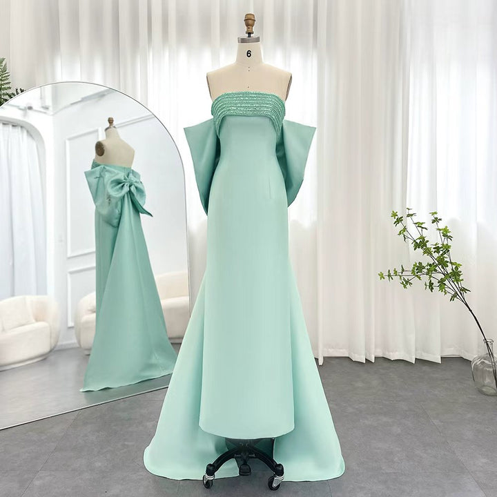 off-shoulder satin gown with beaded neckline – LILAC