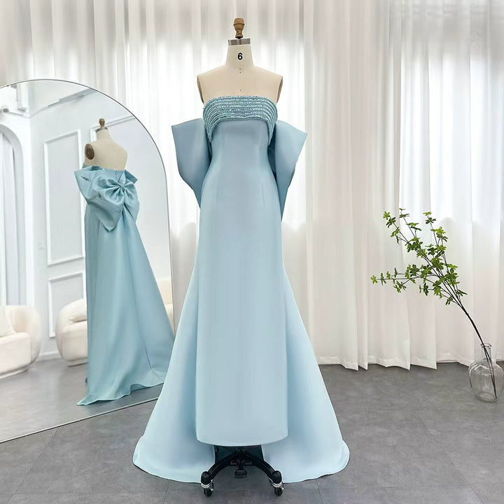 off-shoulder satin gown with beaded neckline – LILAC
