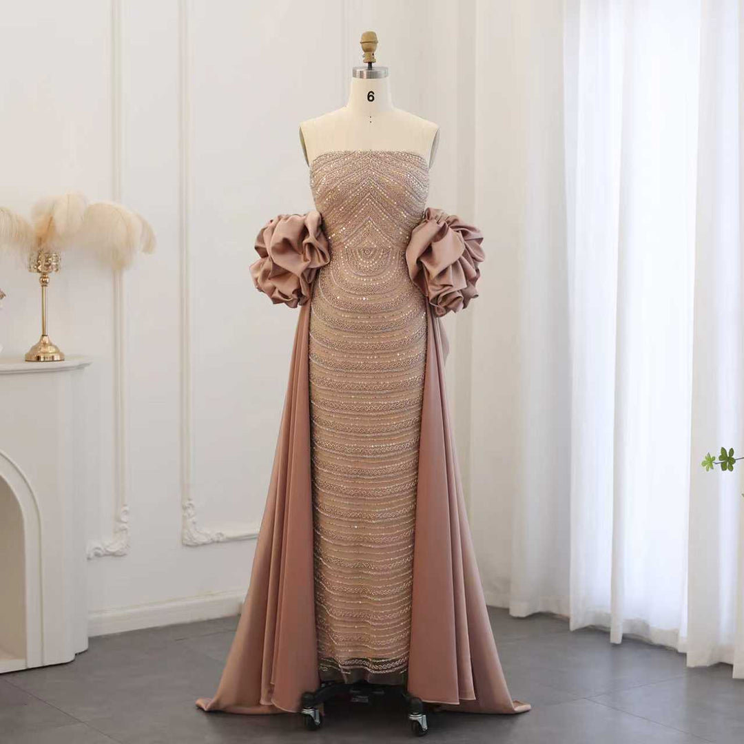 strapless beaded column gown with ruffled sleeves – AURORA