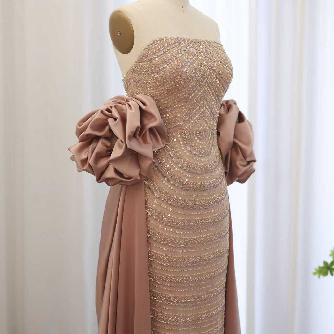 strapless beaded column gown with ruffled sleeves – AURORA
