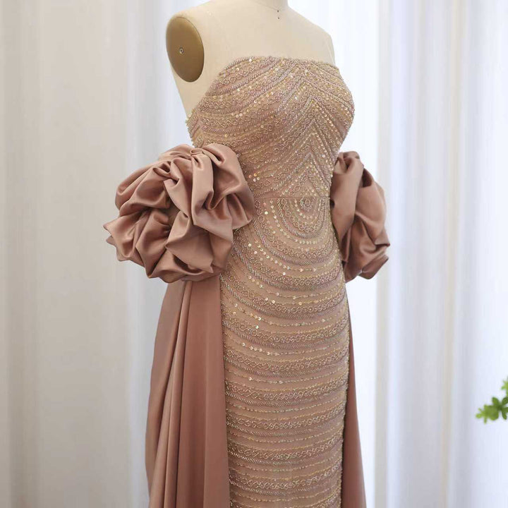 strapless beaded column gown with ruffled sleeves – AURORA
