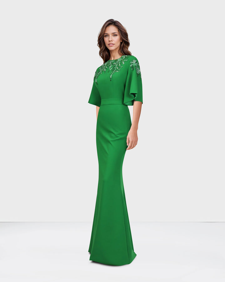 Sequined column dress with bell sleeves