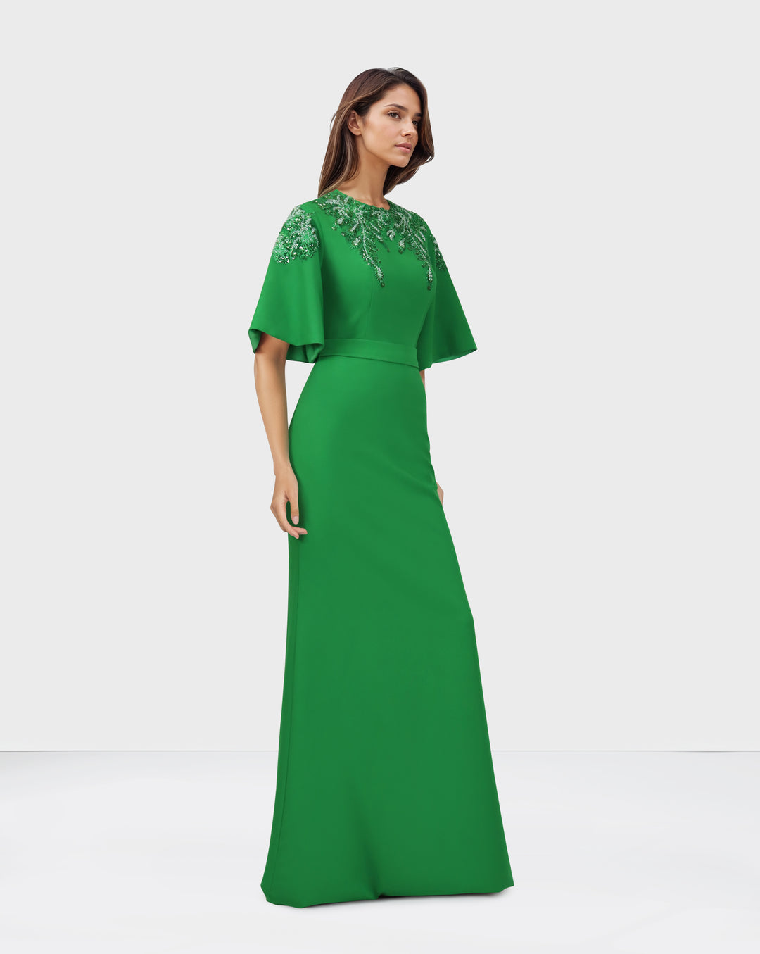 Sequined column dress with bell sleeves