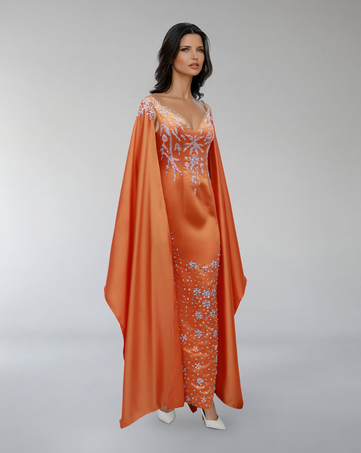 Embroidered Satin Gown with Flowing Cape – SOLIRA