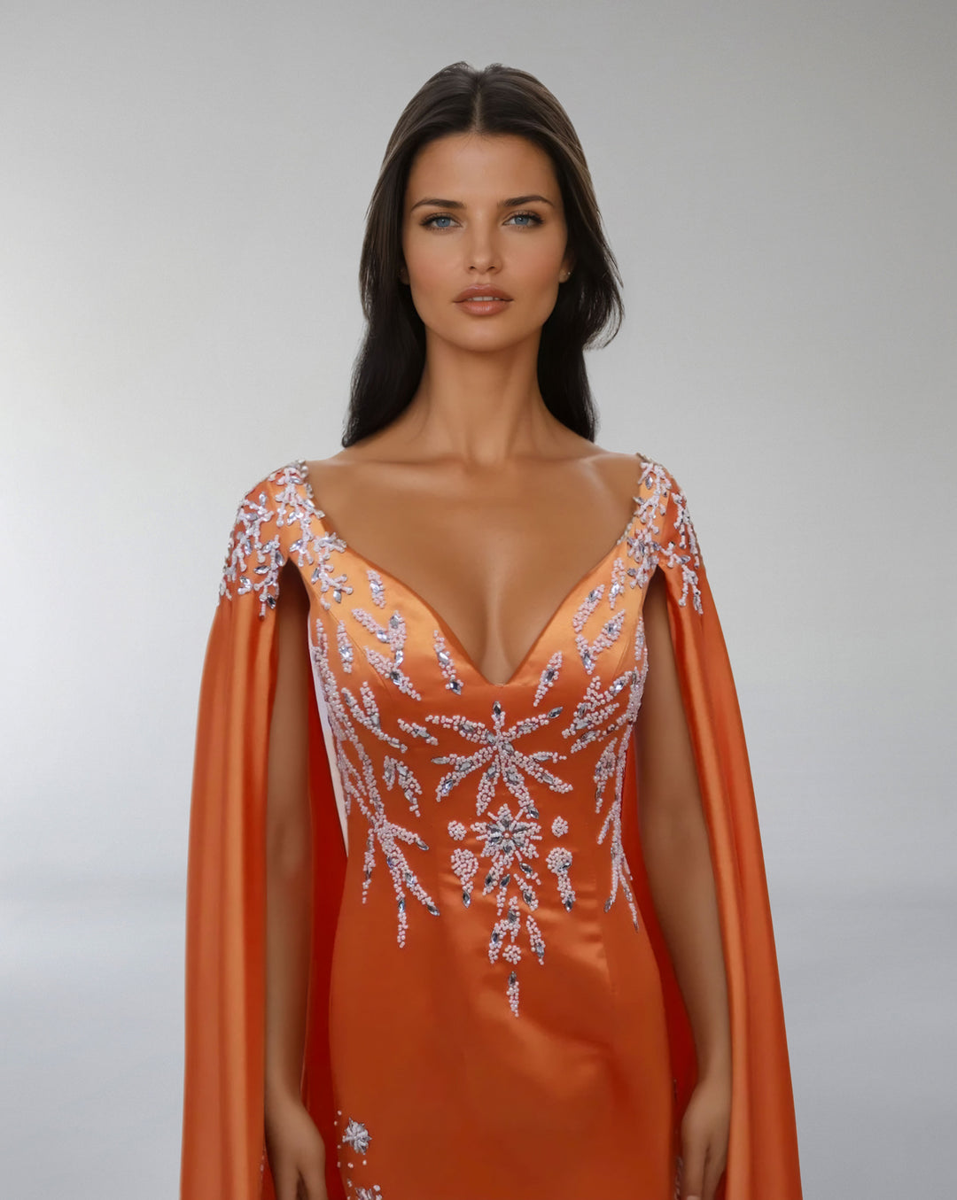 Embroidered Satin Gown with Flowing Cape – SOLIRA