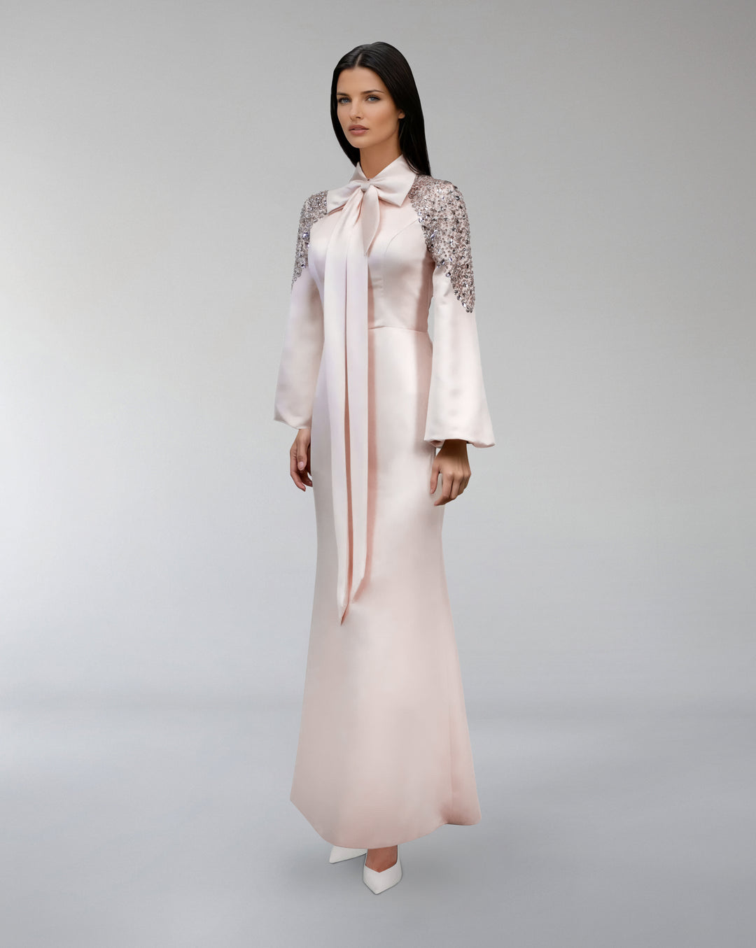 satin gown with sequin sleeves and bow neckline – AMELISE