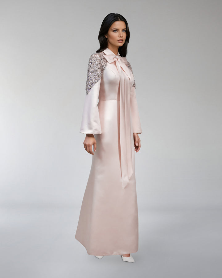 satin gown with sequin sleeves and bow neckline – AMELISE