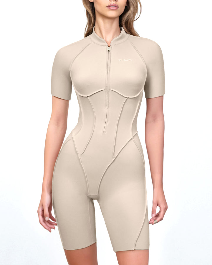zip-front contour biker jumpsuit – SAND