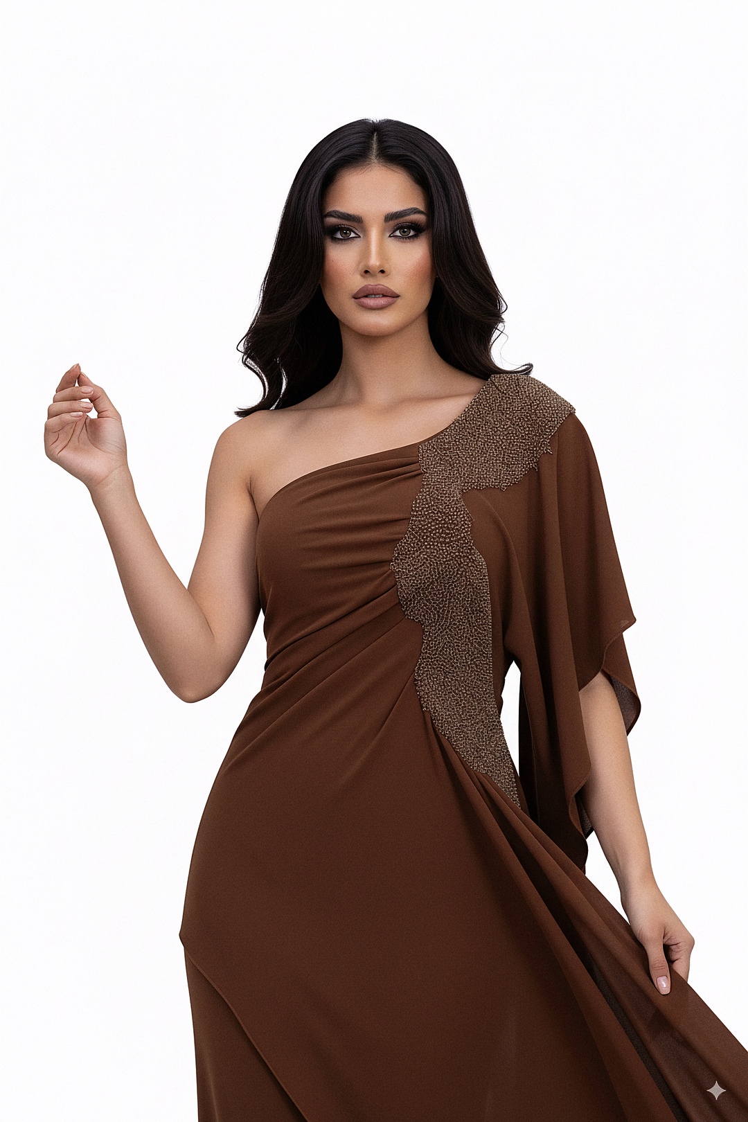 one-shoulder draped gown with embellished panel – ALIYAA