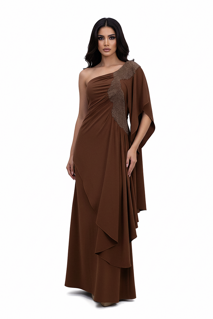 one-shoulder draped gown with embellished panel – ALIYAA