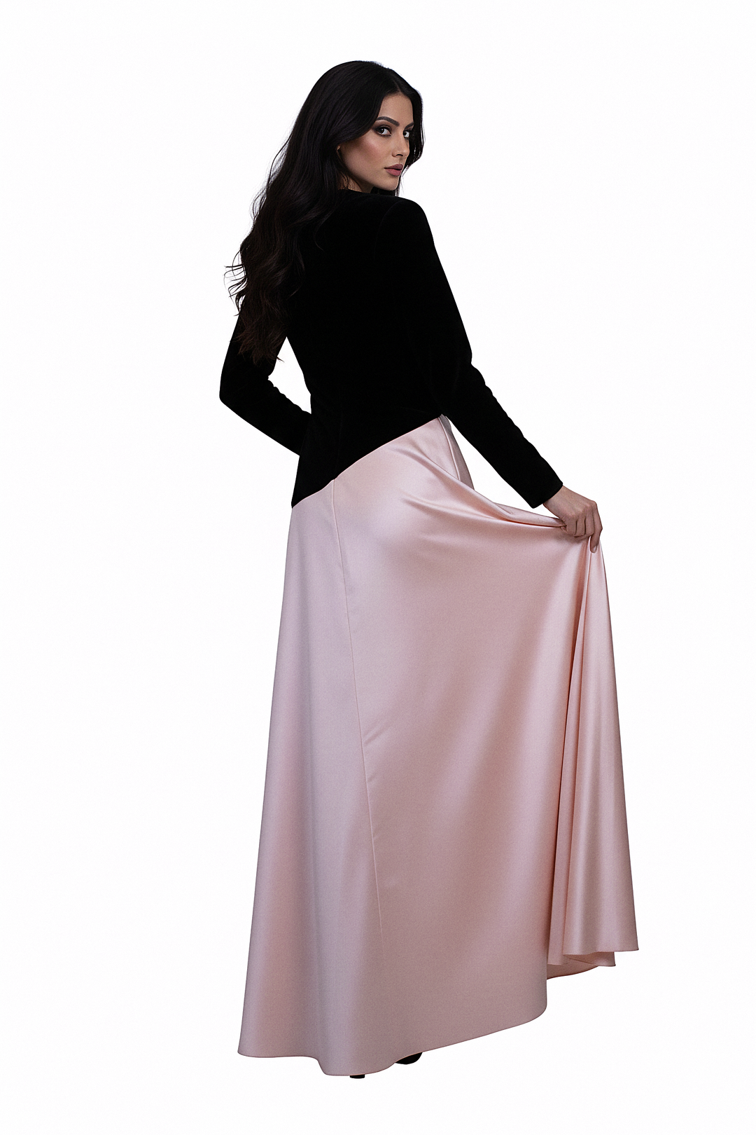 فستان من المخمل والساتان بألوان متعددة وأكمام طويلة – سالين