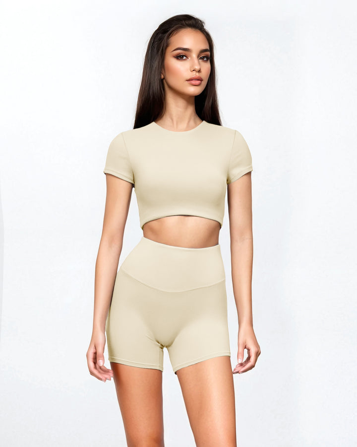 short-sleeve crop top & shorts set – STONE