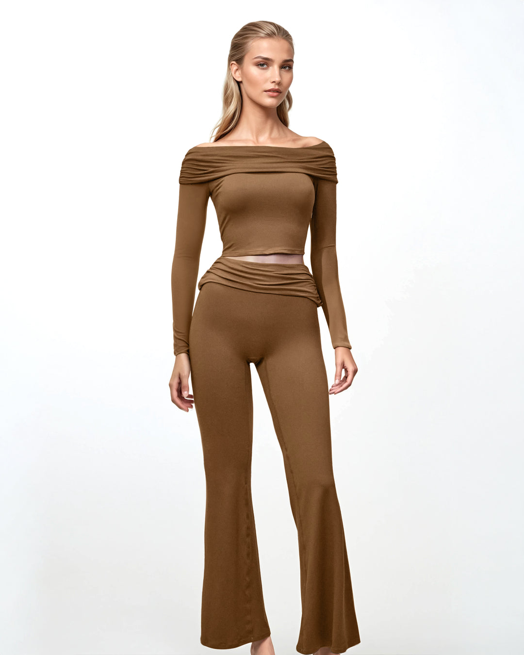 Plissiertes Oberteil mit ausgestellten Ärmeln und Maxirock-Set mit Taillengürtel – Rosiny 