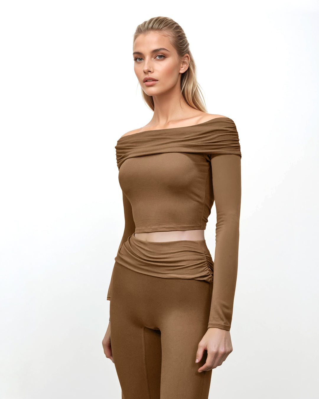 Plissiertes Oberteil mit ausgestellten Ärmeln und Maxirock-Set mit Taillengürtel – Rosiny 