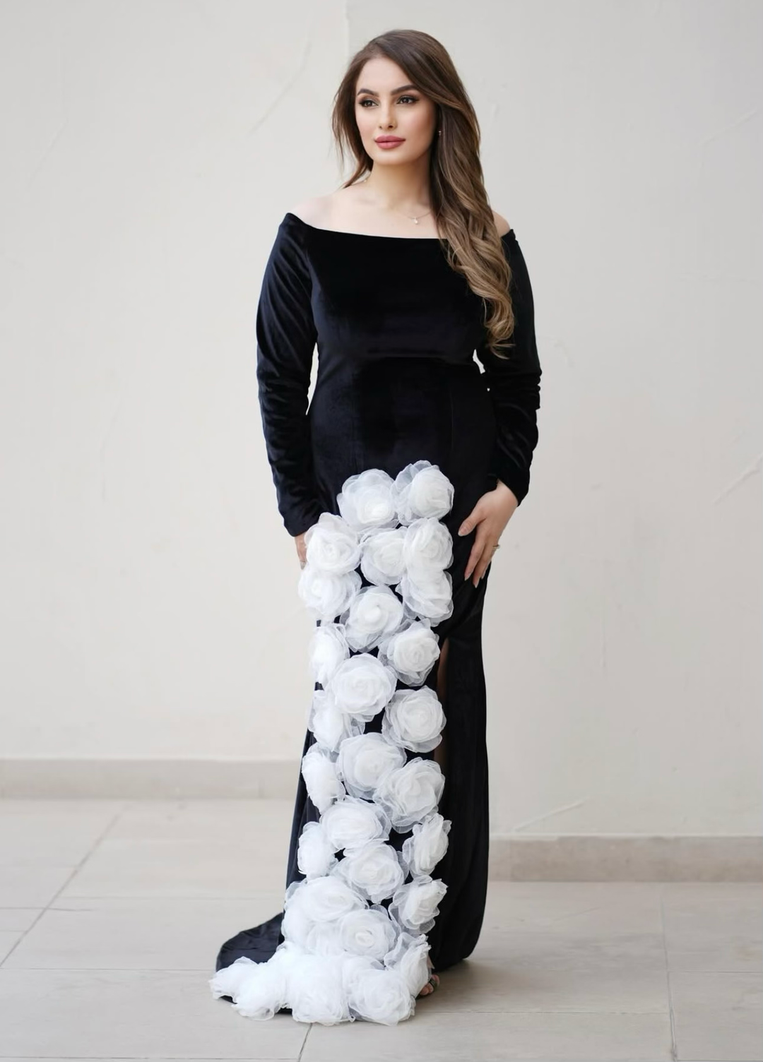 Shoulder-off column dress with 3D flowers and a train