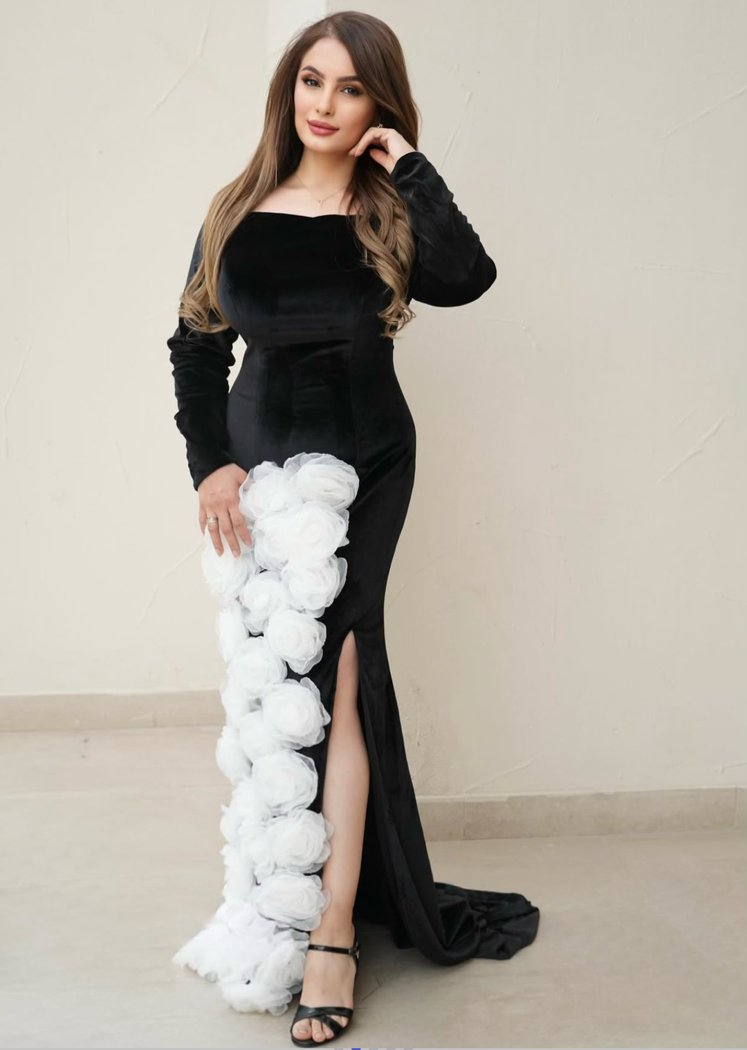 Shoulder-off column dress with 3D flowers and a train