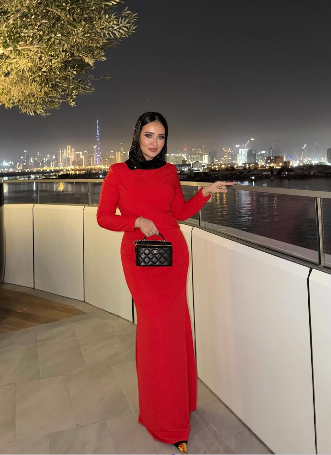 long-sleeve column gown with asymmetrical drape – FIERY