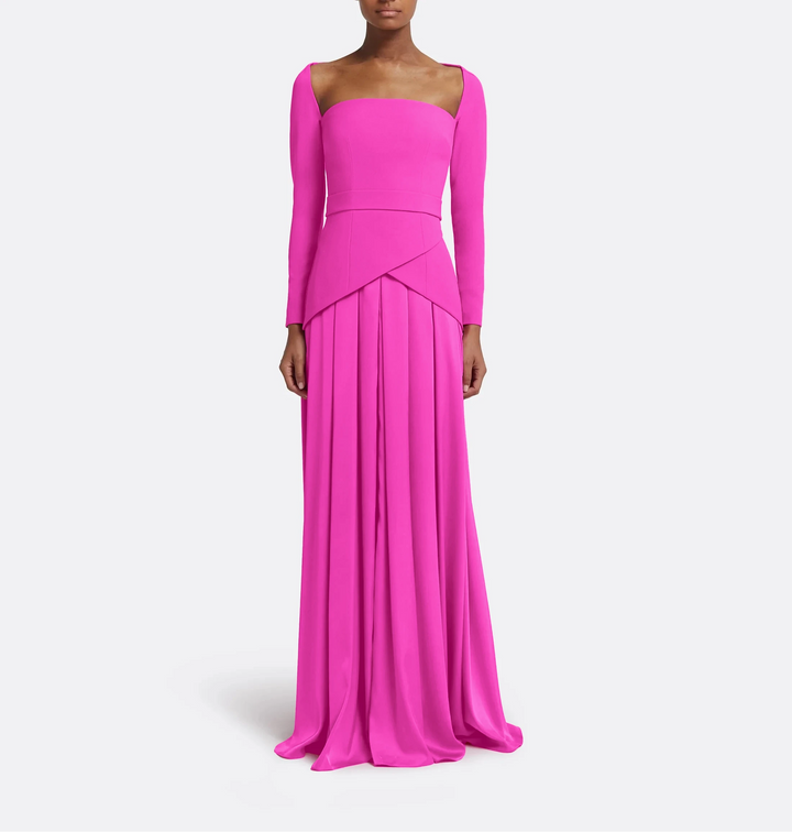 long-sleeve gown with square neckline and pleated skirt – FLAMINGO