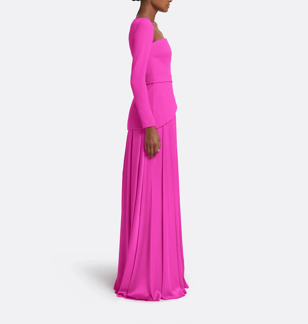 long-sleeve gown with square neckline and pleated skirt – FLAMINGO