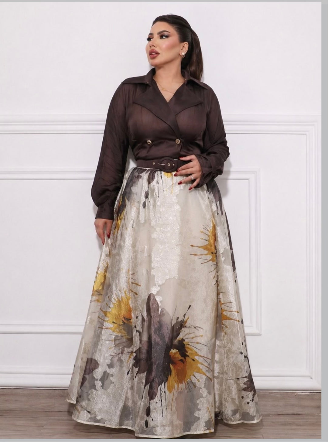 belted wrap midi dress with artistic floral print – AURELIA
