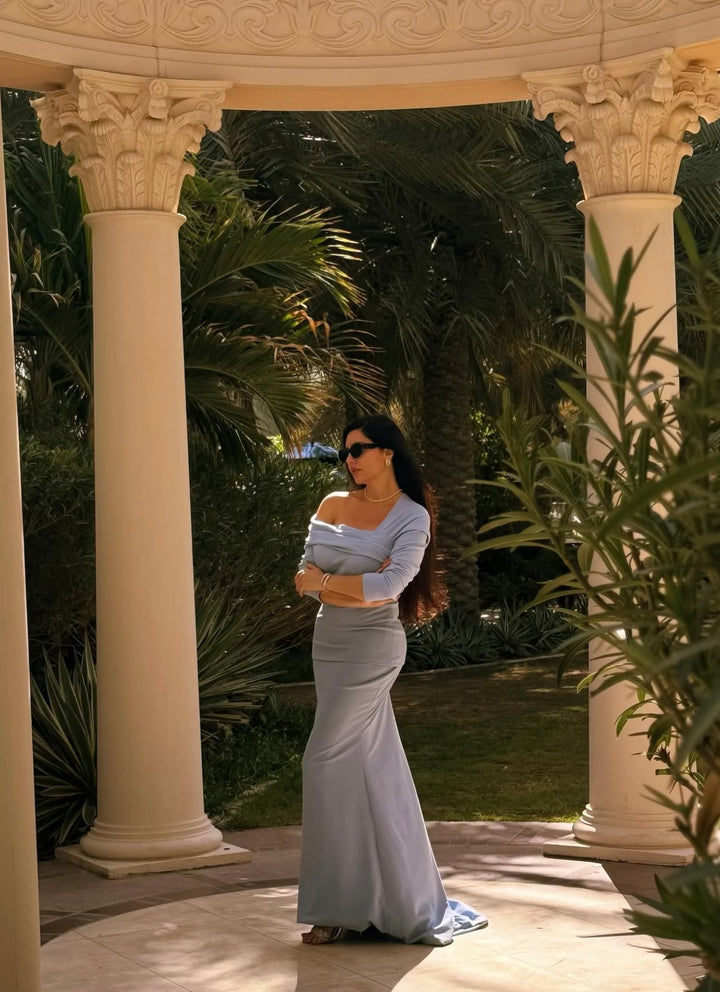 off-shoulder draped gown with peplum waist – SERENL