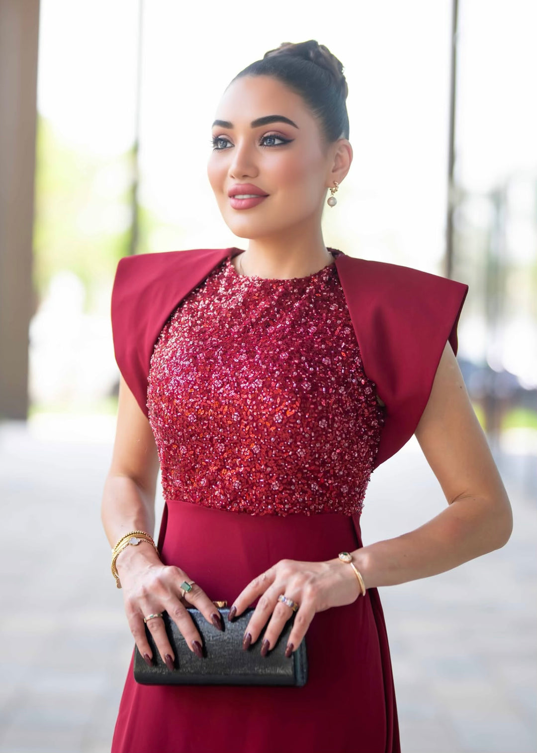 sleeveless gown with sequined bodice and structured cape shoulders – RELYE