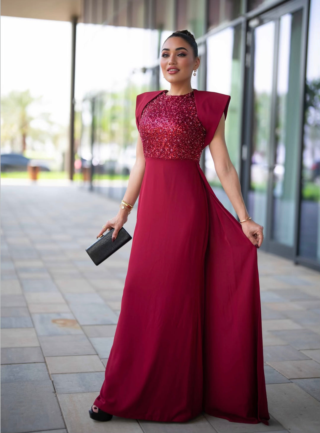 sleeveless gown with sequined bodice and structured cape shoulders – RELYE
