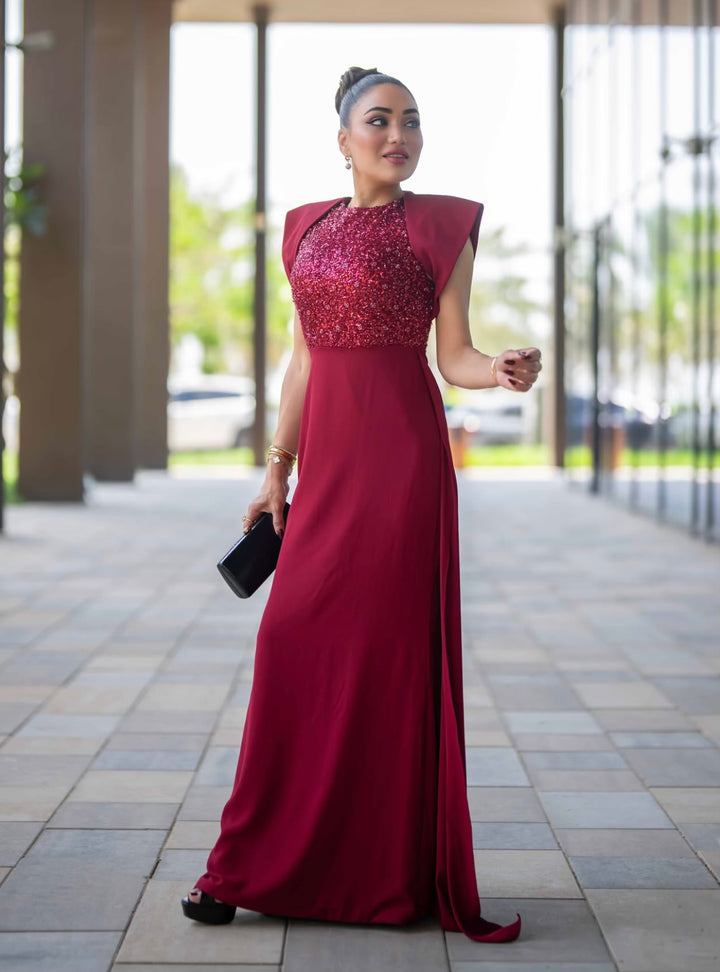 sleeveless gown with sequined bodice and structured cape shoulders – RELYE