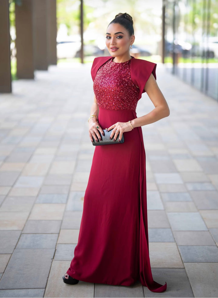 sleeveless gown with sequined bodice and structured cape shoulders – RELYE