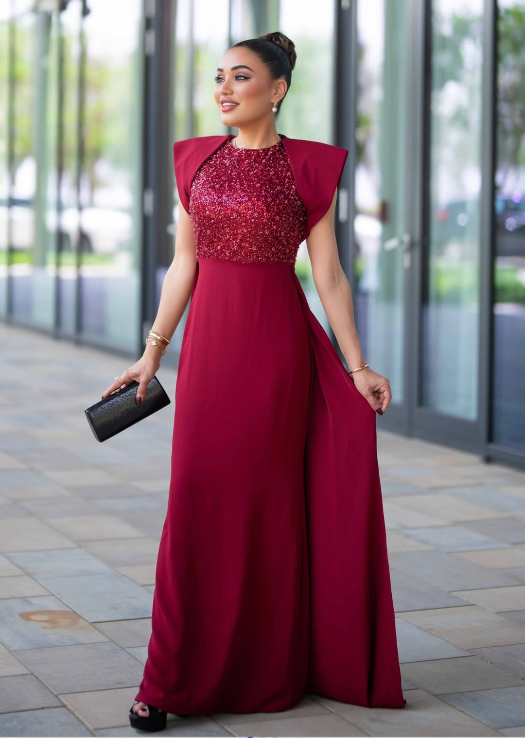 sleeveless gown with sequined bodice and structured cape shoulders – RELYE