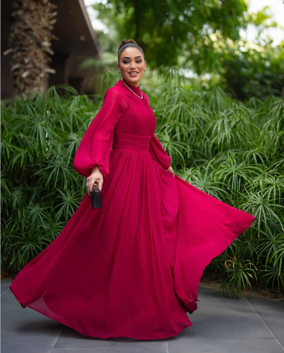 pleated chiffon gown with bishop sleeves – MARQUESA