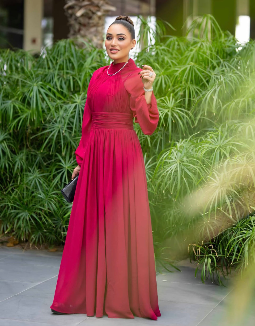 pleated chiffon gown with bishop sleeves – MARQUESA