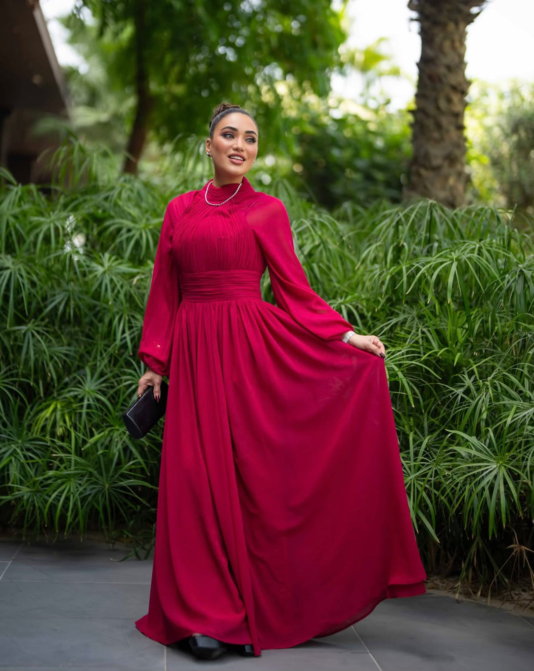pleated chiffon gown with bishop sleeves – MARQUESA