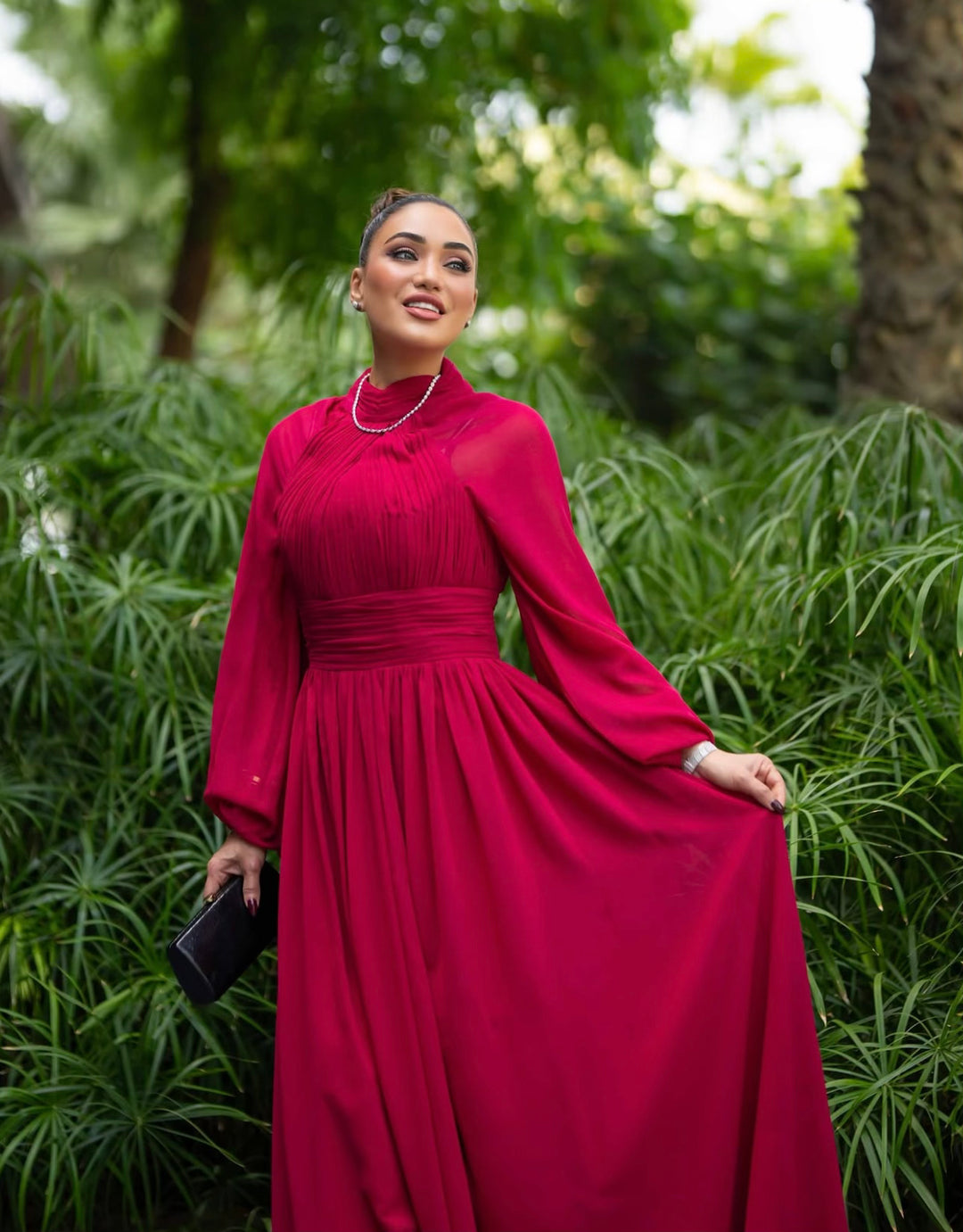 pleated chiffon gown with bishop sleeves – MARQUESA