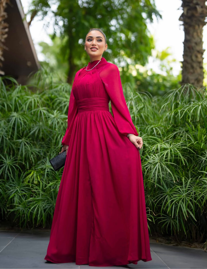 pleated chiffon gown with bishop sleeves – MARQUESA