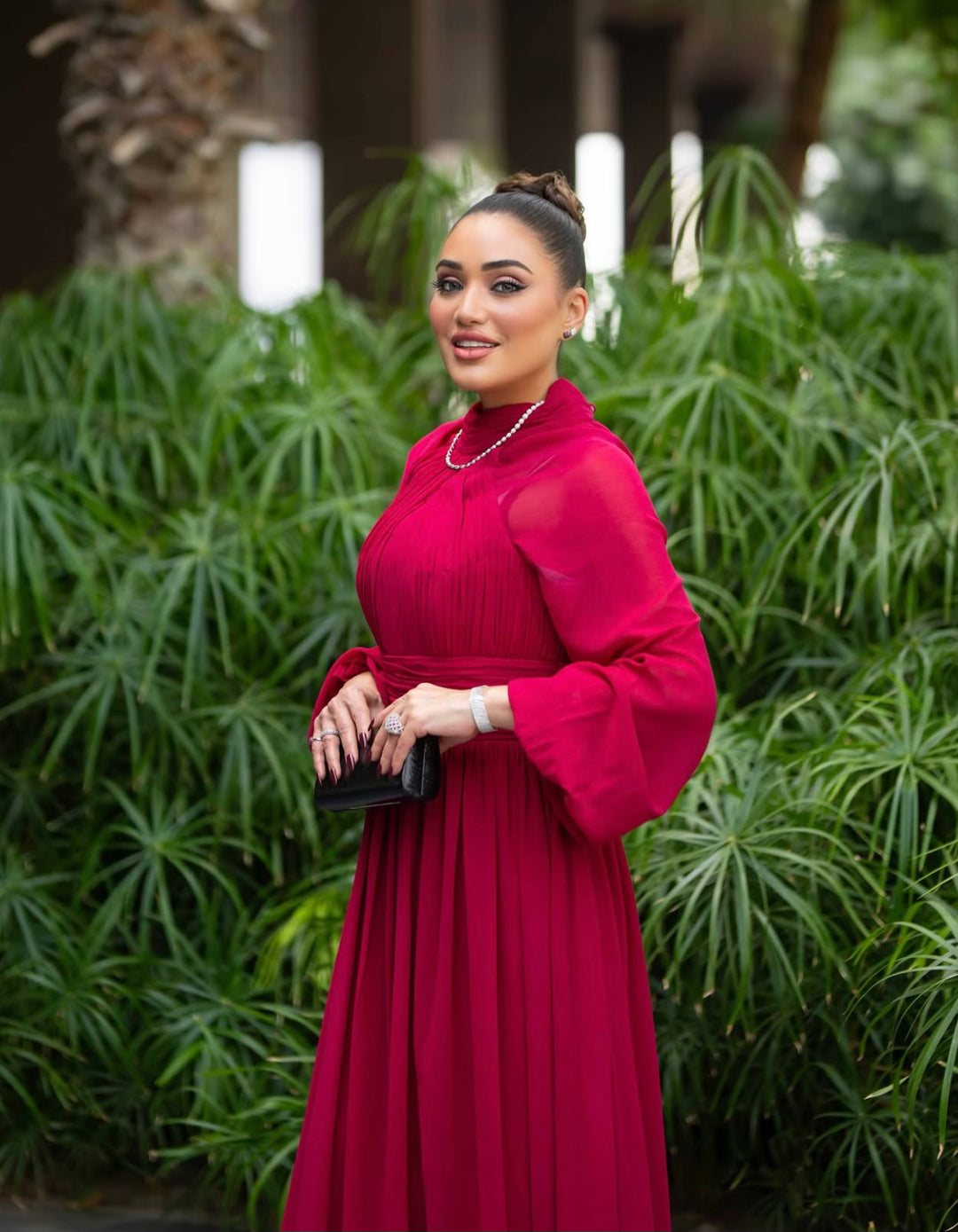 pleated chiffon gown with bishop sleeves – MARQUESA