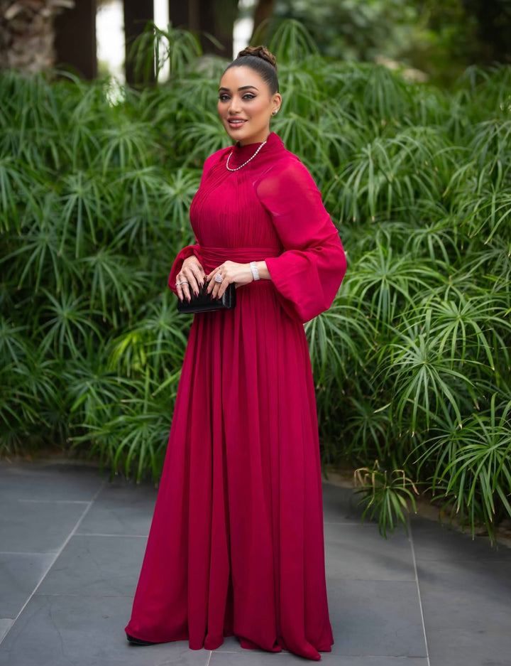 pleated chiffon gown with bishop sleeves – MARQUESA