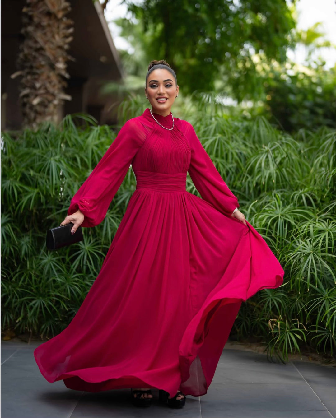 pleated chiffon gown with bishop sleeves – MARQUESA