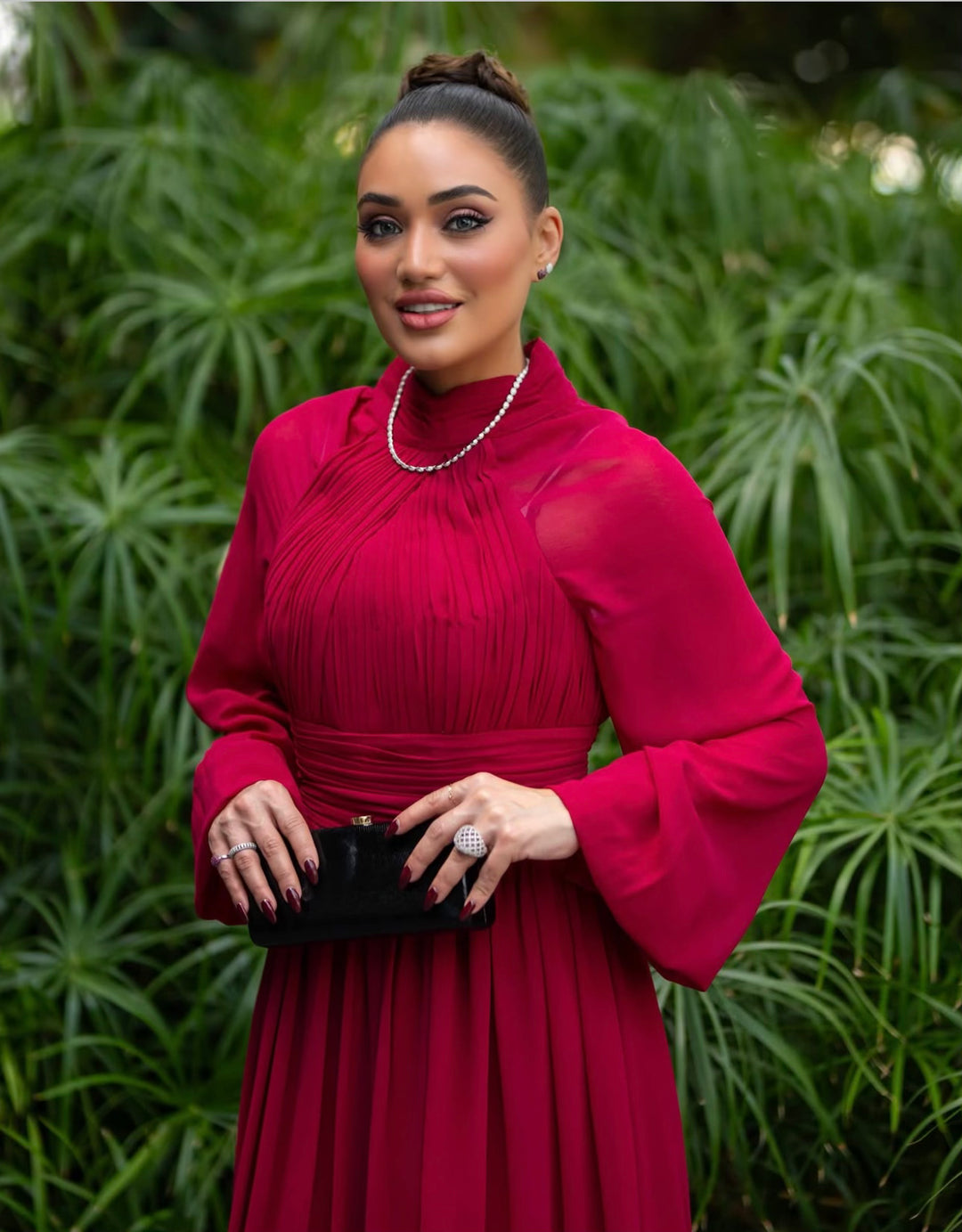 pleated chiffon gown with bishop sleeves – MARQUESA