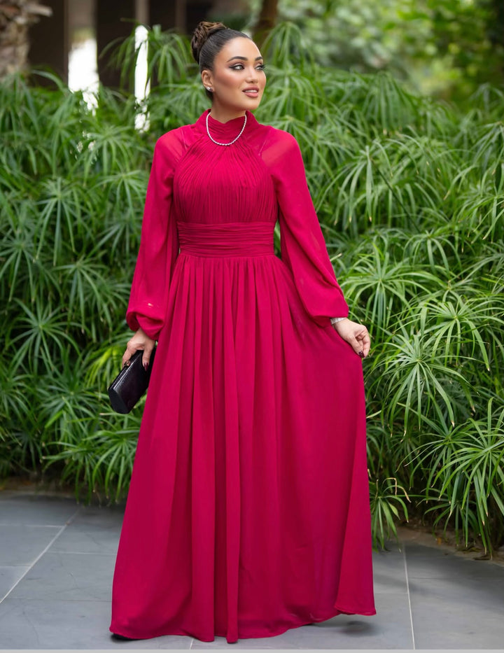 pleated chiffon gown with bishop sleeves – MARQUESA