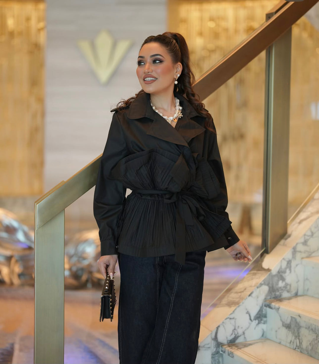 Pleated Ruffle Tie-Up Jacket