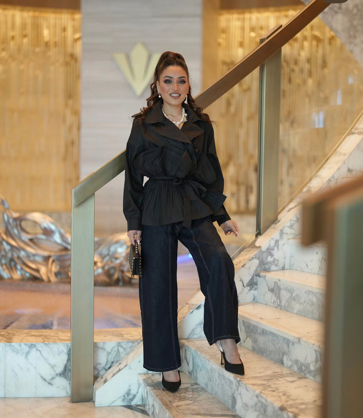 Pleated Ruffle Tie-Up Jacket
