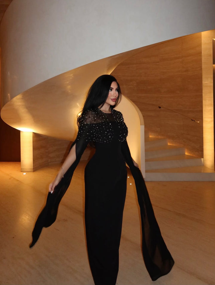 embellished cape-sleeve evening gown – Sherita