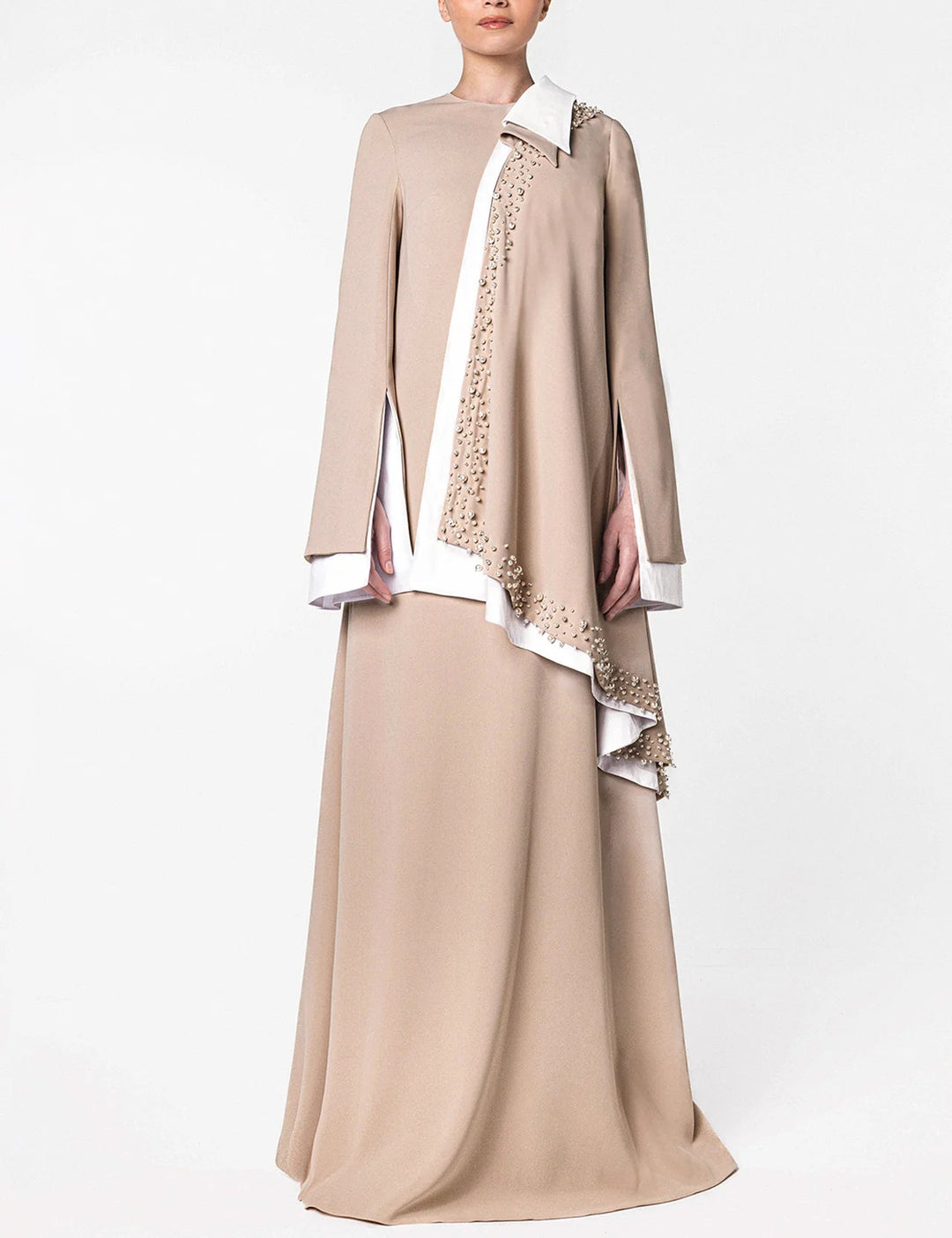 Long Sleeve Asymmetric Dress with Beaded Draped Detail - SANTA