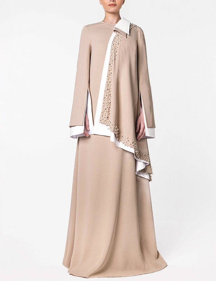 Long Sleeve Asymmetric Dress with Beaded Draped Detail - SANTA