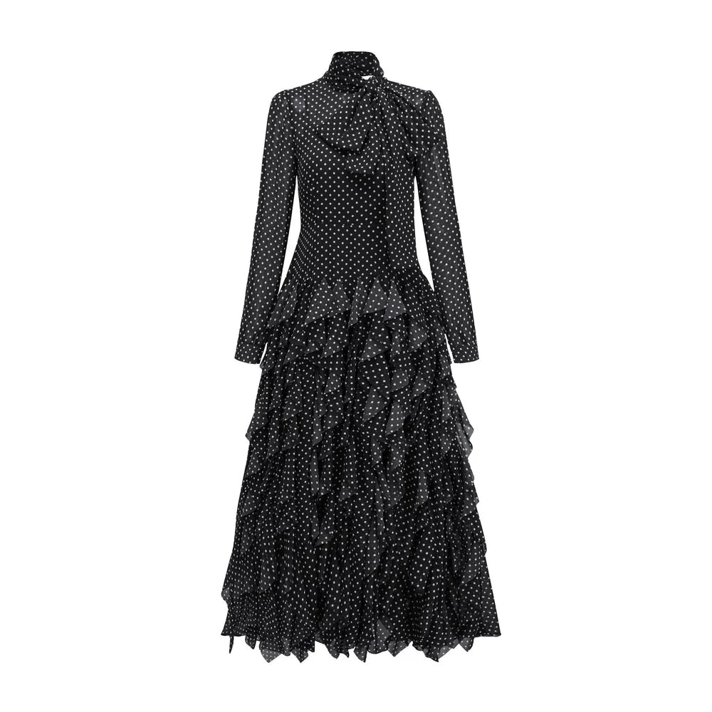 polka-dot chiffon maxi dress with tie-neck and tiered ruffles – ISOLDE